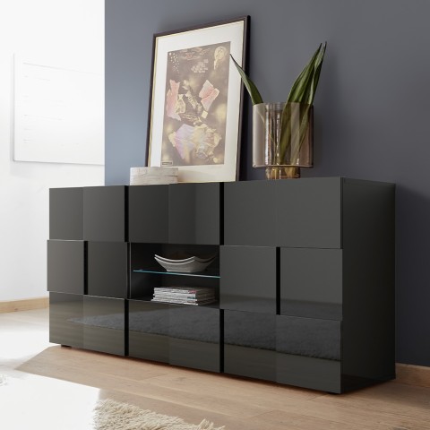 Moderne antraciet glanzende dressoir voor woonkamer met 2 deuren en 2 lades Dama Rt M Aanbieding