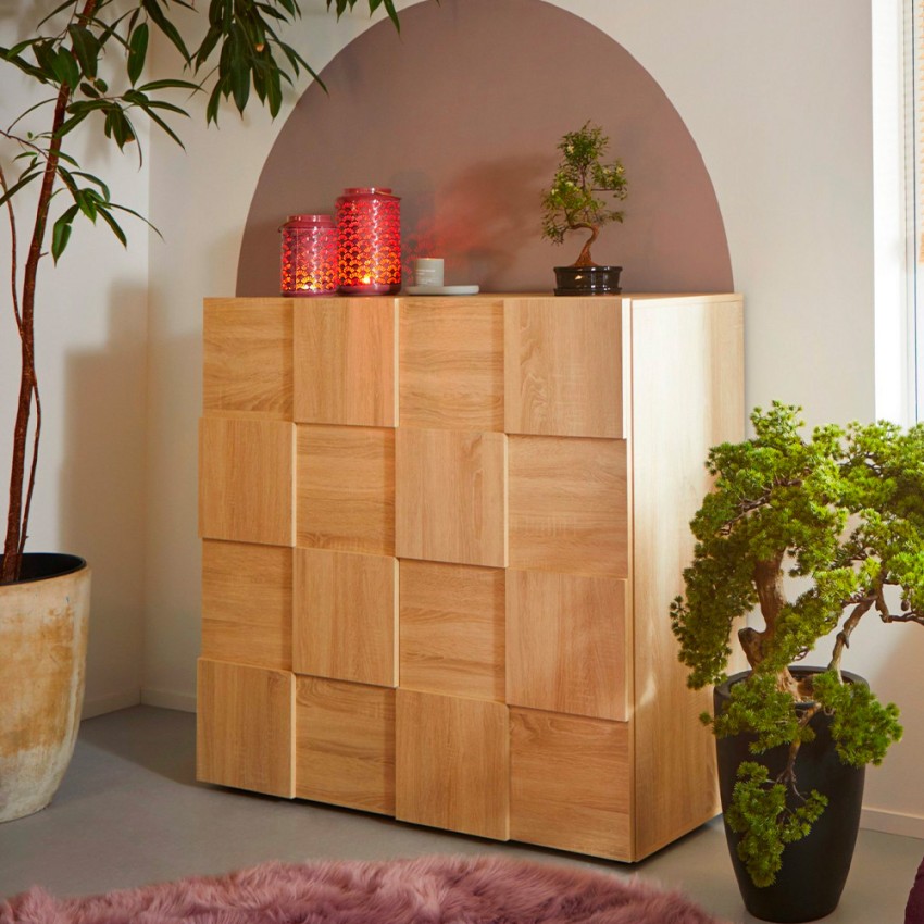 Hoge houten buffetkast met dambordpatroon 2 deuren Dama Lola Sm Aanbieding