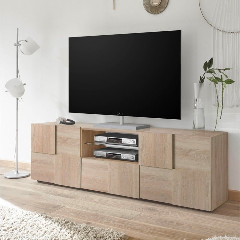 TV-meubel met 2 deuren en lade in hout, schaakbordontwerp Tecum Sm Dama Aanbieding