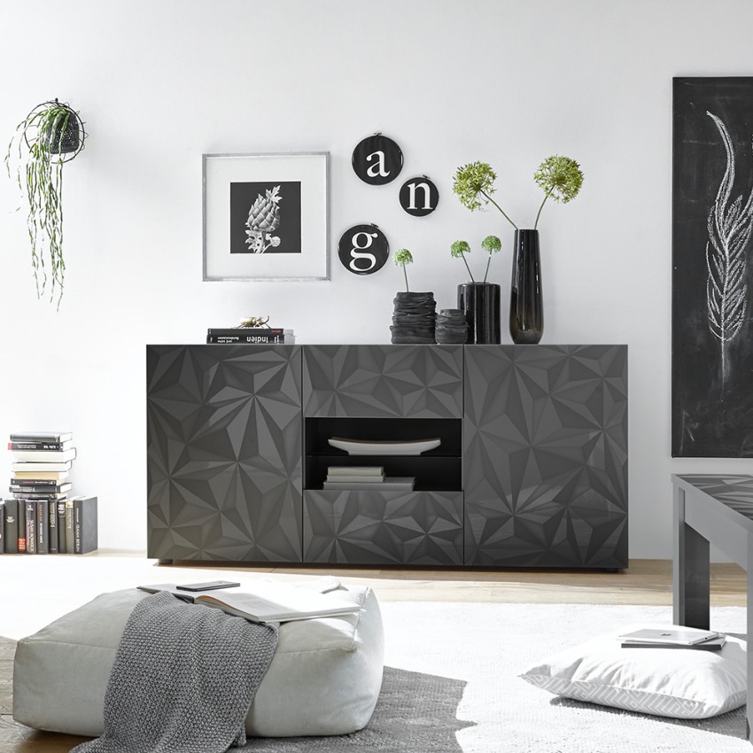 Moderne kast 2 deuren 2 laden hoogglans grijs 181cm Prisma Rt M Aanbieding