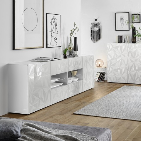 Moderne witte hoogglans dressoir met 2 deuren en 4 lades 241cm Prisma Wh L Aanbieding