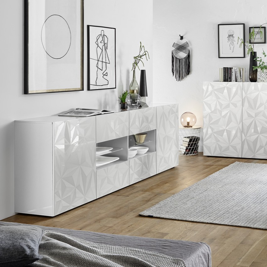 Moderne witte hoogglans dressoir met 2 deuren en 4 lades 241cm Prisma Wh L Aanbieding