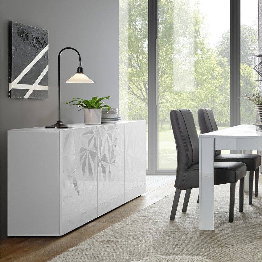 Witte glanzende dressoir Prisma Wh S met 3 deuren voor woonkamer of keuken Aanbieding