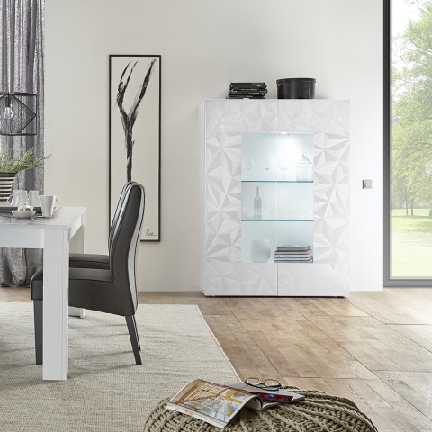 Moderne witte vitrinekast glanzend 2 glazen deuren voor woonkamer 121x166cm Ego Wh Aanbieding