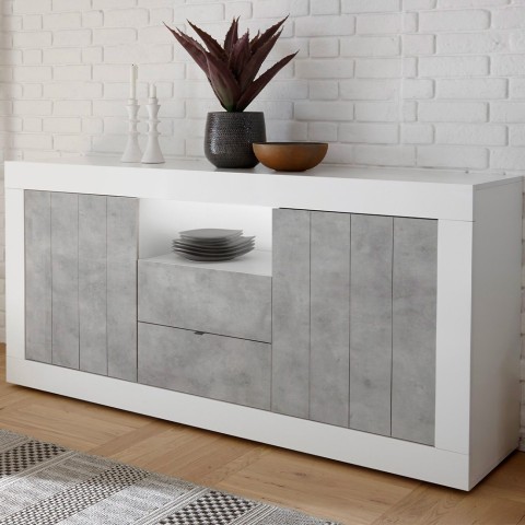 Witte glanzende dressoir met 2 deuren en 2 lades cementlook Doppel LBC Aanbieding