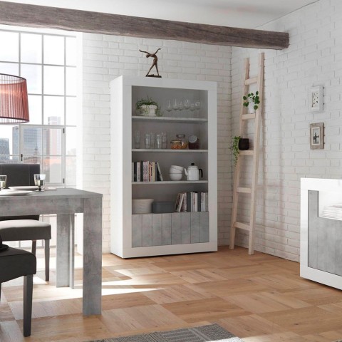 Glanzend witte cement woonkamer boekenkast 3 planken 2 deuren Wally BC Aanbieding