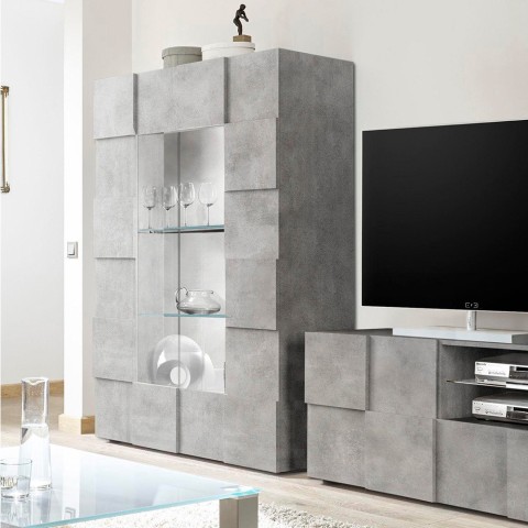 Vitrinekast woonkamer 121x166cm 2 glazen deuren betonlook Murano Ct Aanbieding