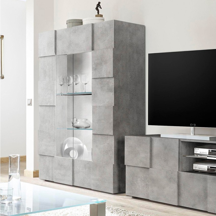 Vitrinekast woonkamer 121x166cm 2 glazen deuren betonlook Murano Ct Aanbieding