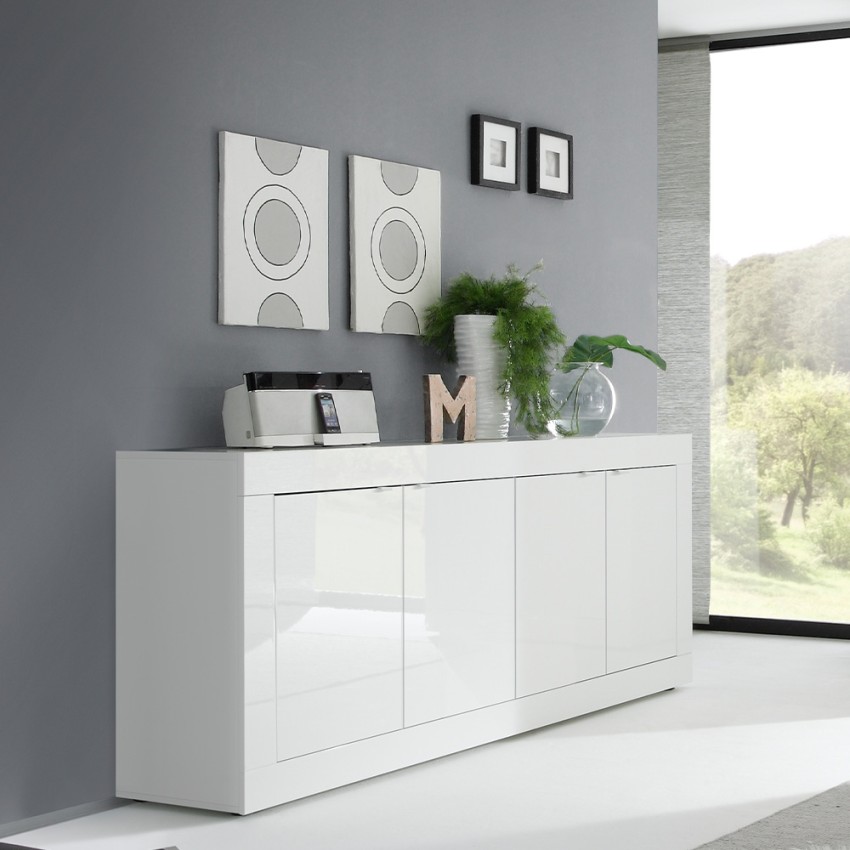 Moderne dressoir Altea Wh met 4 deuren 207cm wit hoogglans voor woonkamer Aanbieding