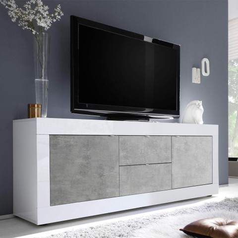 TV-meubel 210cm 2 deuren 2 laden glanzend wit beton Visio BC Aanbieding