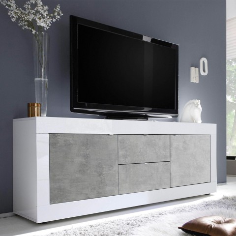 Tv-meubel 210cm 2 deuren 2 lades hoogglans wit cement Visio BC Aanbieding