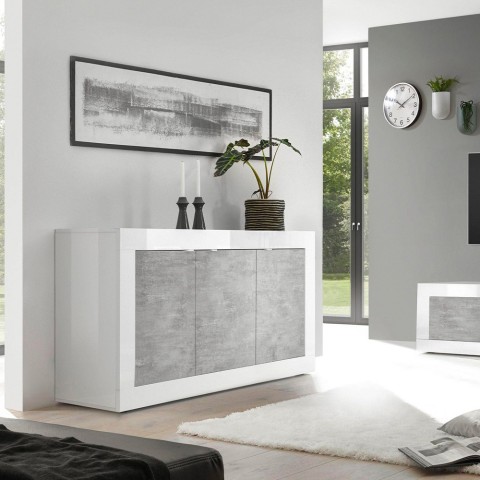 Modern woonkamer dressoir 3 deuren glanzend wit cement Modis BC Basic Aanbieding