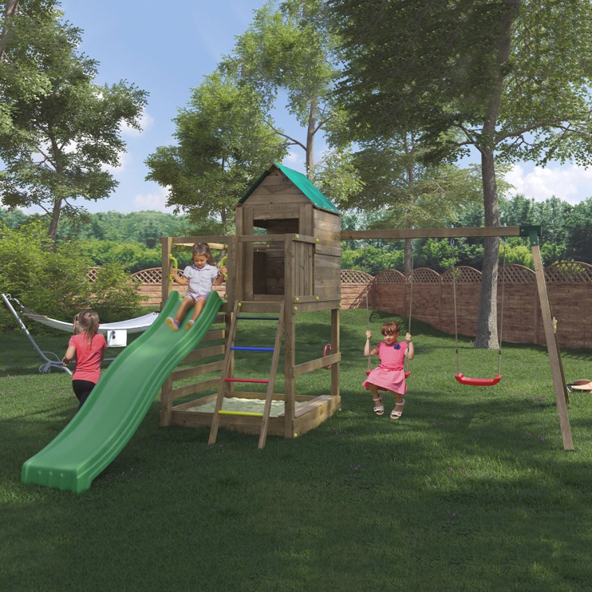 Jarcas4 Speeltuin voor Kinderen - Tuinhuisje met Glijbaan, Schommels en Zandbak Aanbieding Jarcas4 Speeltuin voor Kinderen - Tuinhuisje met Glijbaan, Schommels en Zandbak Aanbieding