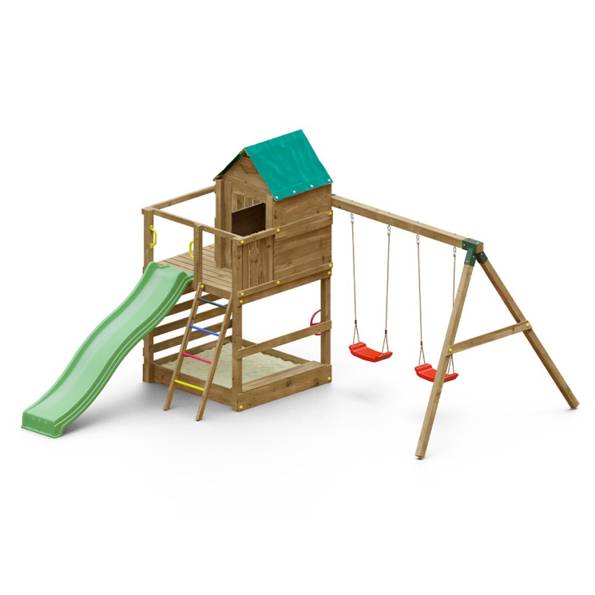 Jarcas4 kinderspeelplaats tuin speelhuisje glijbaan schommels