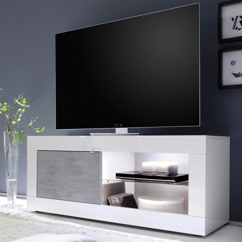 Moderne glanzend witte en grijze betonnen TV-standaard op wieltjes Diver BC Basic. Aanbieding