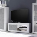 Moderne glanzend witte en grijze betonnen TV-standaard op wieltjes Diver BC Basic. Voorraad