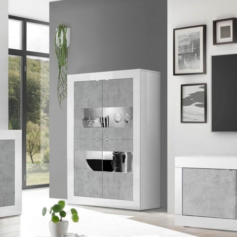 Moderne witte glanzende woonkamer vitrine met 4 deuren Tina BC Basic Aanbieding