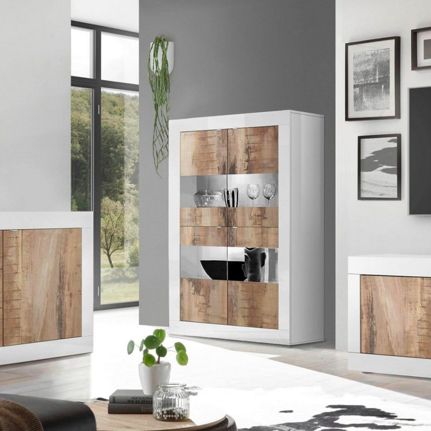 Witte hoogglans woonkamer vitrinekast met 4 deuren van glas en hout Tina BW Basic Aanbieding
