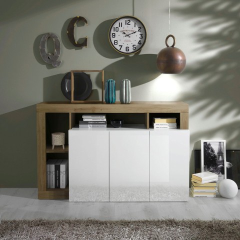 Moderne dressoir Hailey BR, 3 deuren, wit glanzend en eiken, 146cm Aanbieding