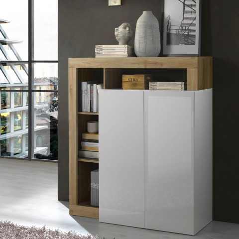 Moderne dressoir 2 deurtjes 3 compartimenten glanzend wit eikenhout Blume BR Aanbieding