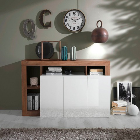 Madia dressoir woonkamer hout 146cm 3 deuren glanzend wit Hailey MR Aanbieding