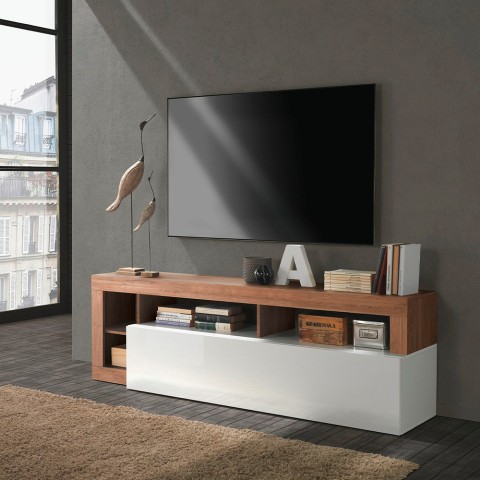 Mobiele TV-standaard voor moderne woonkamer met glanzend witte deur en houten afwerking - Dorian MR Aanbieding