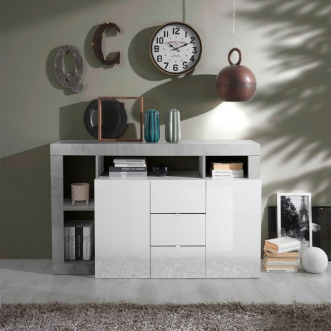 Witte glanzende Lavine BC woonkamer dressoir met 2 deuren en 3 lades in betonlook Aanbieding