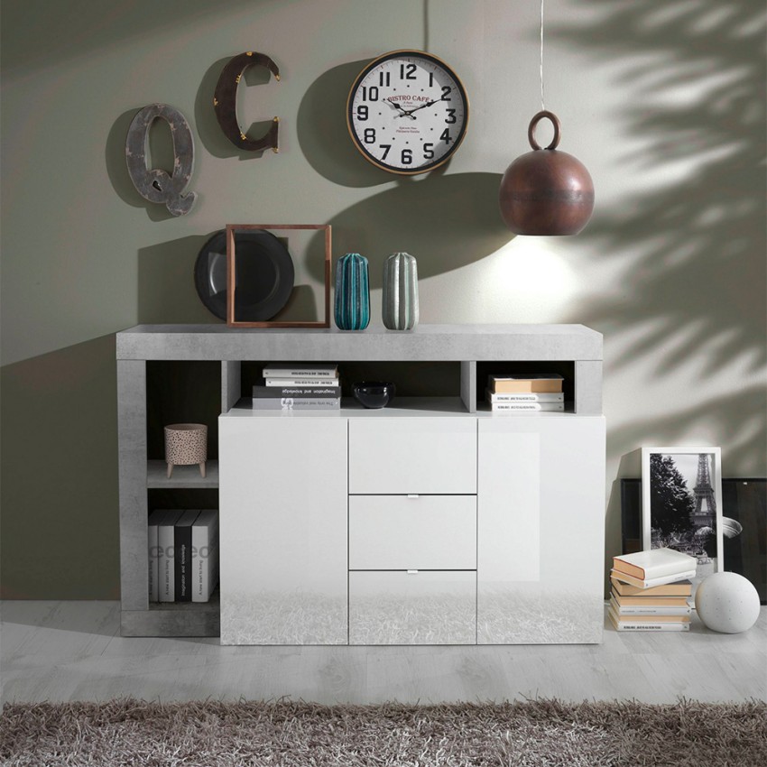 Witte glanzende Lavine BC woonkamer dressoir met 2 deuren en 3 lades in betonlook Aanbieding Witte glanzende Lavine BC woonkamer dressoir met 2 deuren en 3 lades in betonlook Aanbieding