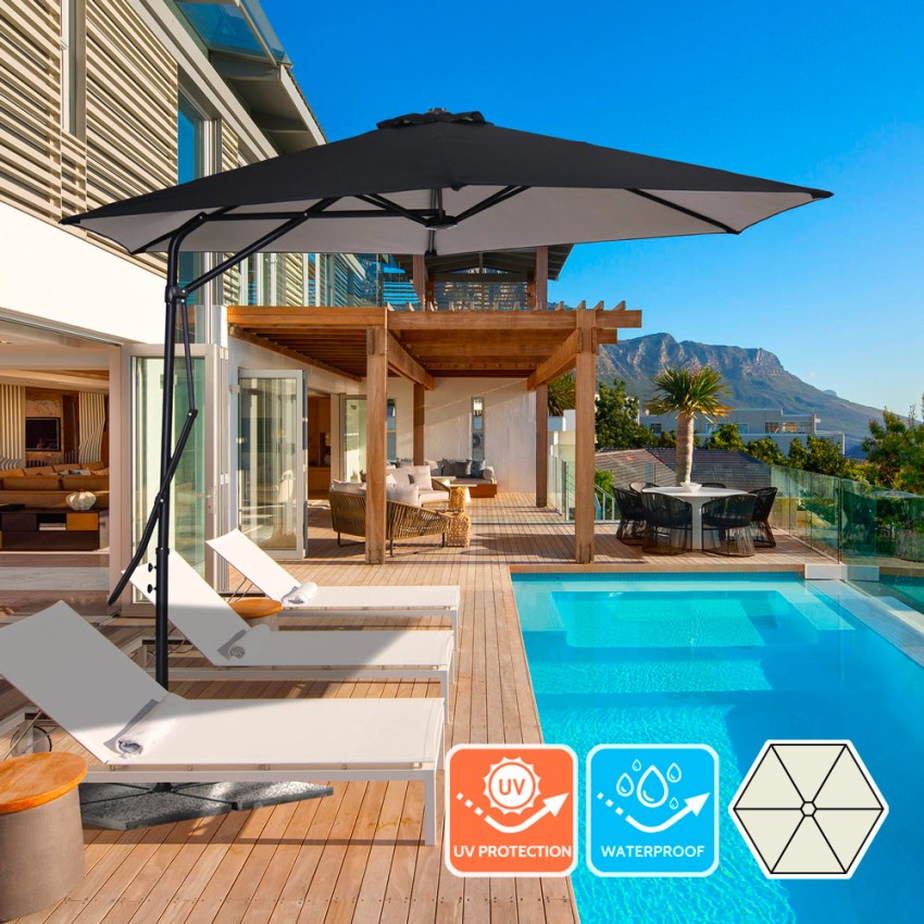 Zeshoekige zwarte stalen zweefparasol met UV-bescherming 3 meter Dorico Noir Aanbieding