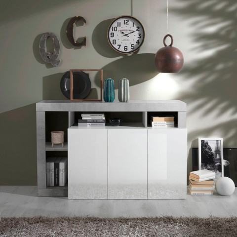 Dressoir woonkamer 3 deuren hoogglans wit 146 cm beton Hailey BC Aanbieding