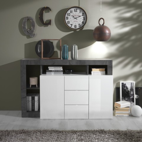Moderne zwarte dressoir buffetkast met 2 deuren en 3 lades in hoogglans wit Lavine BX Aanbieding
