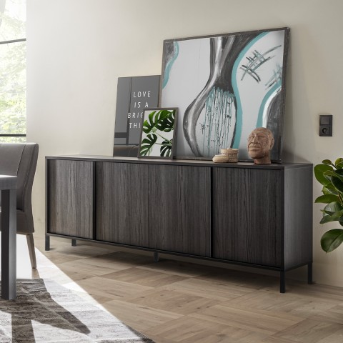 Moderne zwarte houten buffetkast voor keuken of woonkamer met 4 deuren 205cm Charly Steel Aanbieding