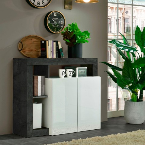 Moderne witte hoogglans dressoir voor woonkamer met 2 zwarte deuren Reva BX Aanbieding