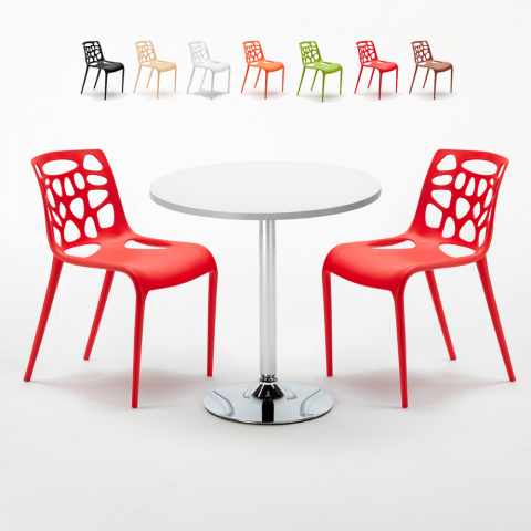 Ronde salontafel wit 70x70 cm met stalen onderstel en 2 gekleurde stoelen Gelateria Long Island Aanbieding
