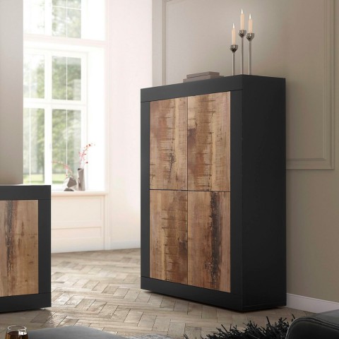 Industriële design dressoir met 4 deuren in matzwart en hout Novia NP Basic Aanbieding