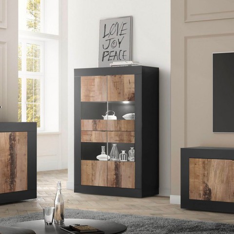 Industriële zwart glazen vitrinekast, 4 deuren, hout, Tina NP Basic Aanbieding