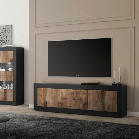 Industriële TV-meubel 210cm, 2 deuren, 2 lades, zwart hout Visio NP Aanbieding