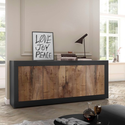 Industriële houten dressoir met 4 matzwarte deuren Altea NP Aanbieding
