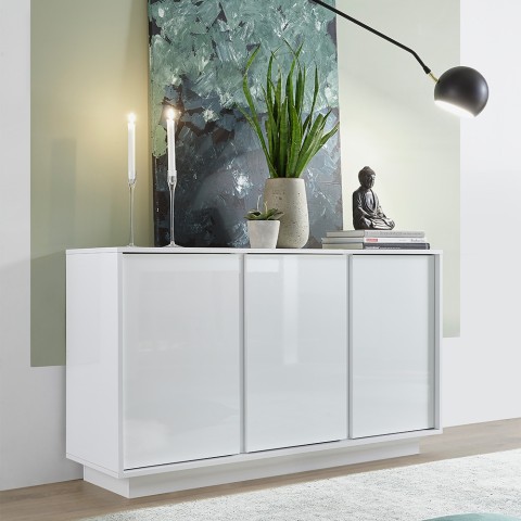 Dressoir voor woonkamer of keuken, 3 deuren, 138 cm, hoogglans wit, Dimas Ice Aanbieding
