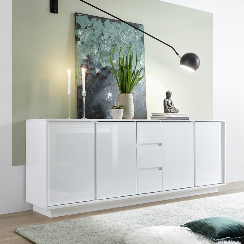 Moderne dressoir 210cm 4 deuren 3 lades hoogglans wit Maine Ice Aanbieding