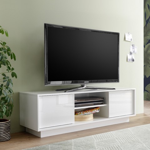 Mobiele tv-standaard voor de moderne woonkamer met hoogglans witte afwerking, 138 cm breed en 2 deuren Dener Ice. Aanbieding