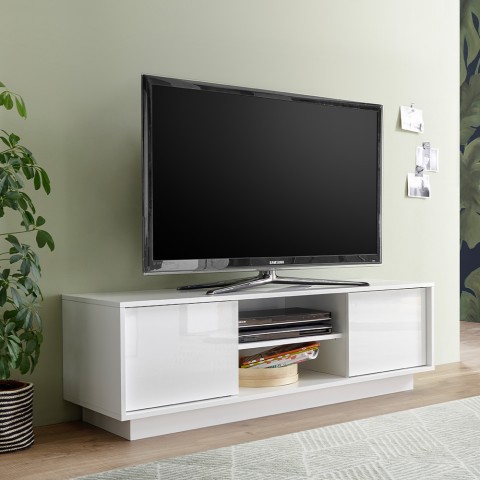 Moderne witte glanzende tv-kast 138cm met 2 deuren Dener Ice woonkamer Aanbieding