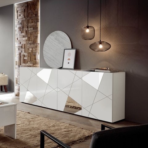 Witte hoogglans dressoir met 4 deuren en spiegel 241 cm Vittoria WH L Aanbieding