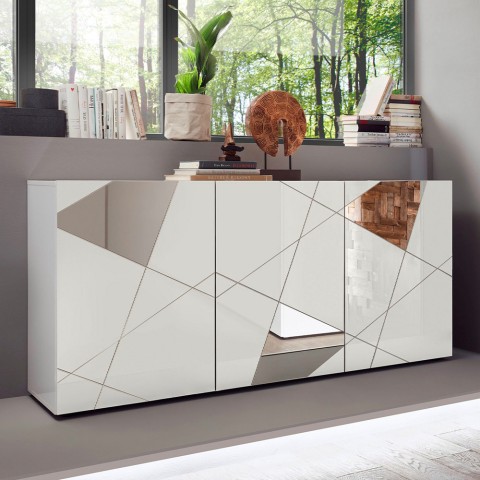 Moderne witte glanzende dressoir 181cm met 3 spiegeldeuren Vittoria WH S Aanbieding