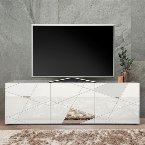 Lage witte glanzende TV-kast 3 deuren 181cm Brema WH Vittoria Aanbieding