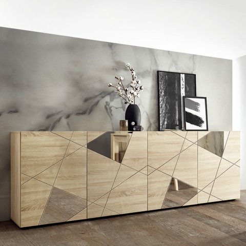 Modern eikenhouten dressoir Vittoria RS L met 4 spiegeldeuren, 241 cm Aanbieding