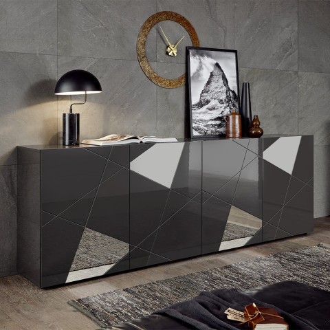Moderne buffetkast 4 deuren hoogglans grijs met spiegels Vittoria GR L Aanbieding