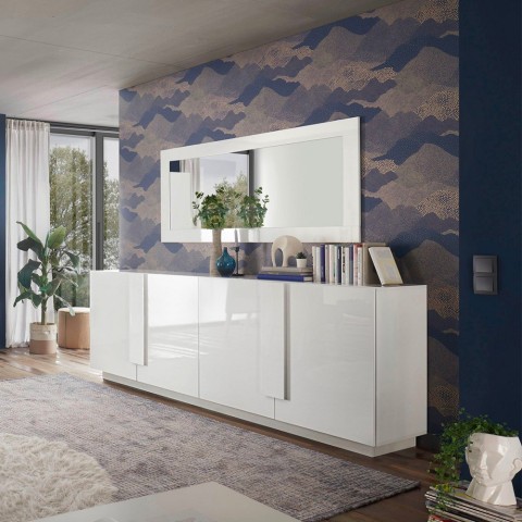 Witte glanzende dressoir Jupiter WH L2 met 4 deuren, 241 cm Aanbieding