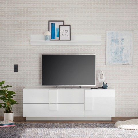 Witte glanzende tv-meubel design met 1 deur en 2 lades Jupiter WH T1 Aanbieding