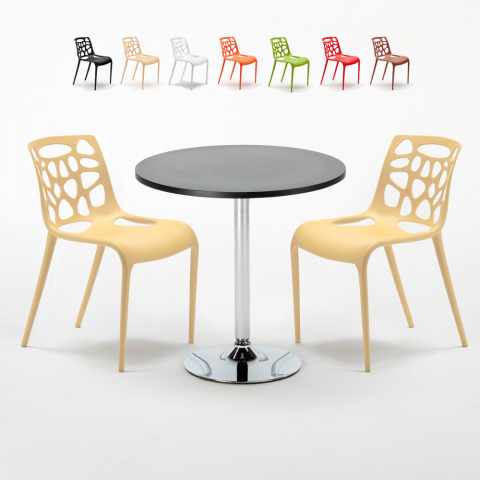 Ronde salontafel zwart 70x70 cm met stalen onderstel en 2 gekleurde stoelen Gelateria Cosmopolitan